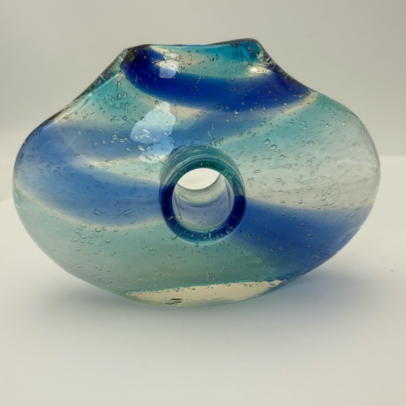 Vintage Blue and Clear Swirl  Glass Donut Vase - Picture 7 of 16